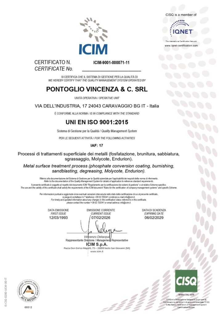 Certificato di Qualità UNI EN ISO 9001:2015 rilasciato da ICIM a favore dell'azienda Pontoglio Vincenza & C. SRL, con sede a Caravaggio (BG).